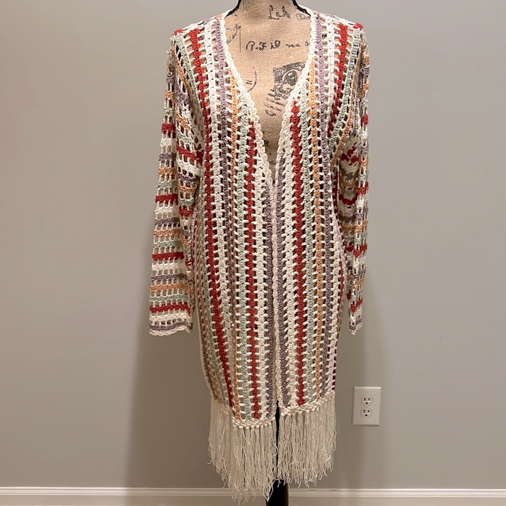 P O L Brand Kimono Open Knit Fringe Cardigan. Size Small.